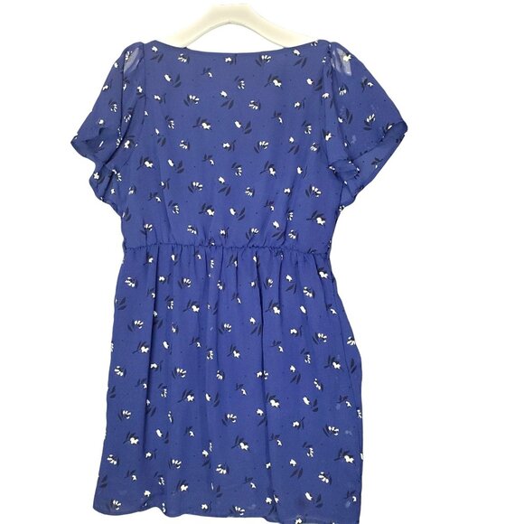 FOREVER 21 Womens Dress SZ Large Flutter Sleeve Sheath Floral Navy Elastic Waist - Picture 2 of 9